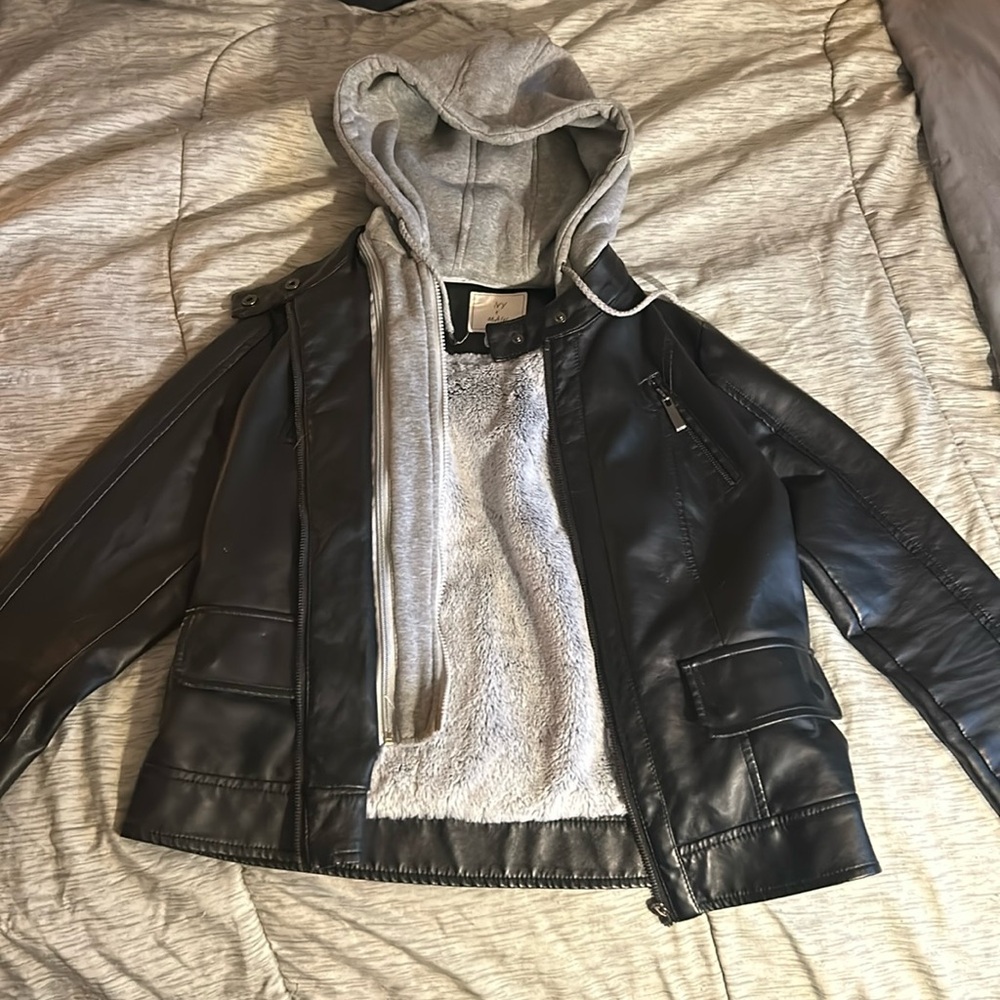 Black Leather Jacket with Gray Hood Women’s Medium